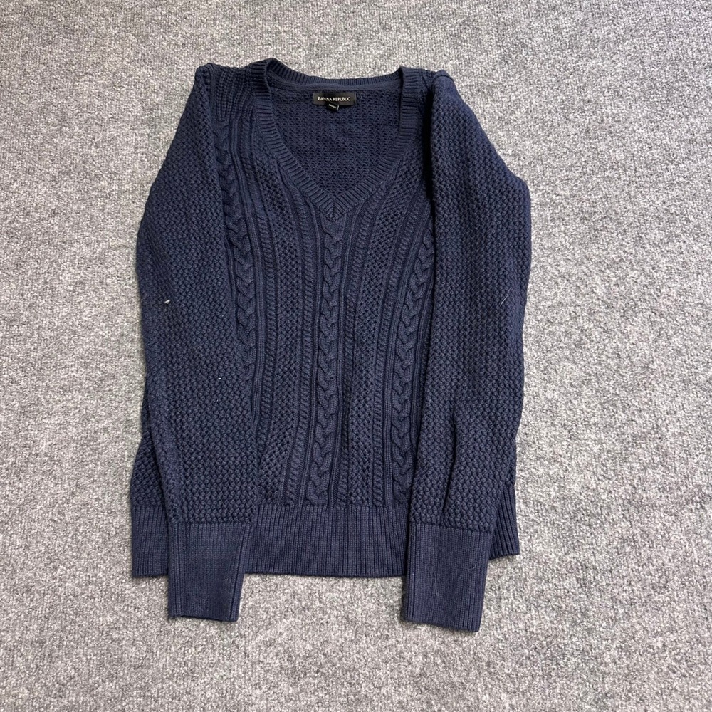 Banana Republic Sweater Womens Size M Navy Blue Viscose Blend Cable Knit V-Neck